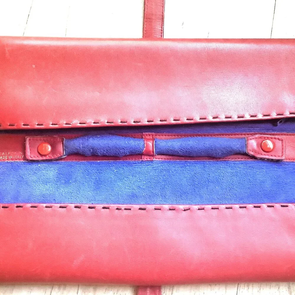 Vintage Jewelry Organizer Red Italian Leather Travel Pouch Blue Suede Lined